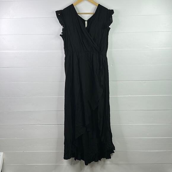 GRECERELLE Black Fluffy Sleeve Cross V Neck Flowy Maxi Dress Light Size‎ Large - Picture 2 of 16